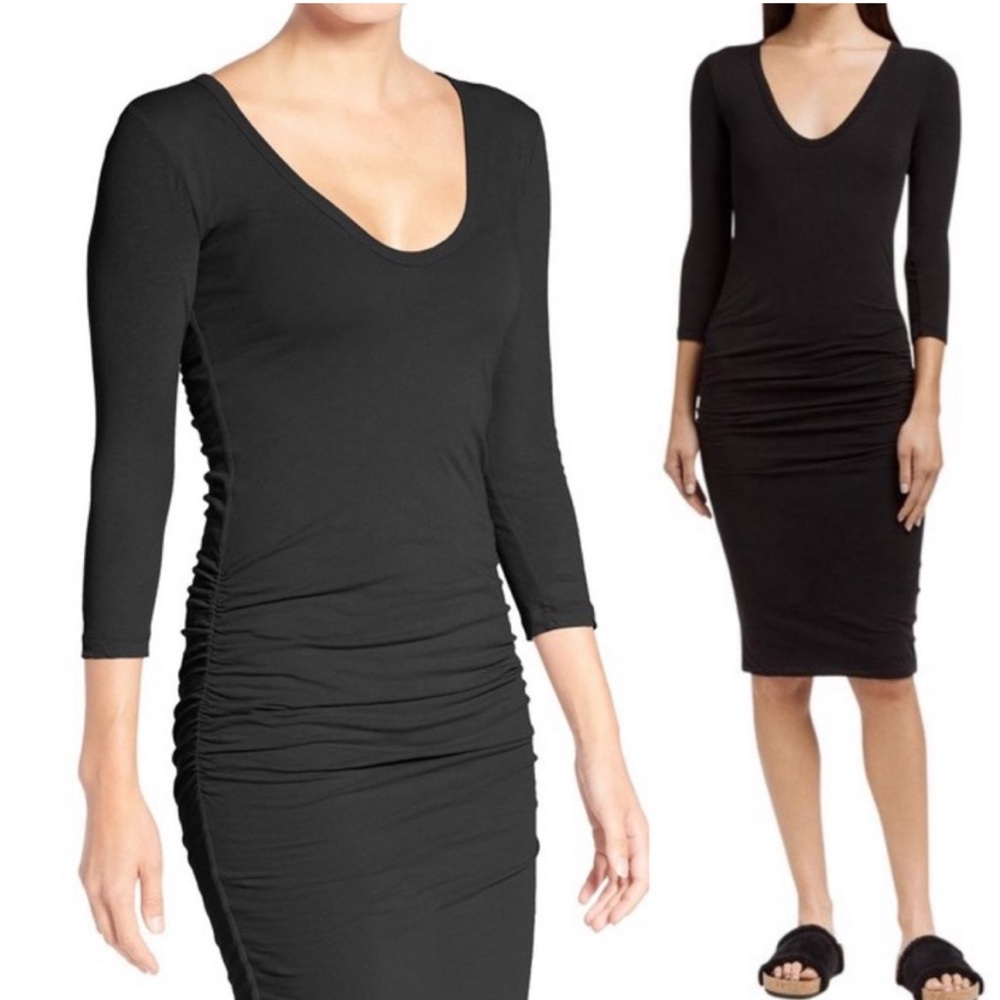 James Perse Midi Dress black long sleeve ruched size 2 WJE6065